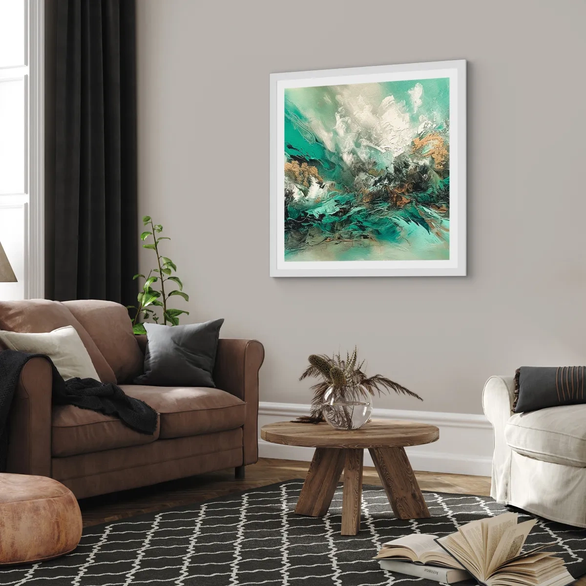 Plagát v bielom ráme - Smaragdovočierne vlnobitie - 40x40 cm