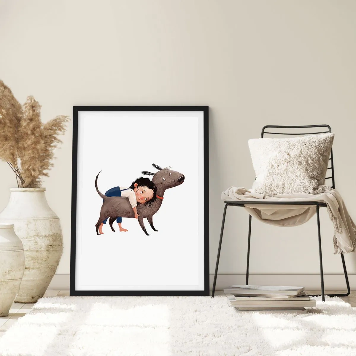 Plagát v čiernom ráme - Ilustrácia dieťaťa objímajúceho psa na bielom pozadí - 50x70cm - Najlepší priatelia - Moderná nástenná dekorácia do obývacej izby a spálne ARTTOR