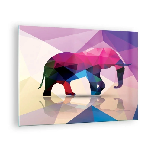 Obraz na skle - Geometrický slon v žiarivej farebnej abstrakcii - 70x50cm - Krištáľový dinosaurus - Moderná nástenná dekorácia do obývacej izby a spálne ARTTOR