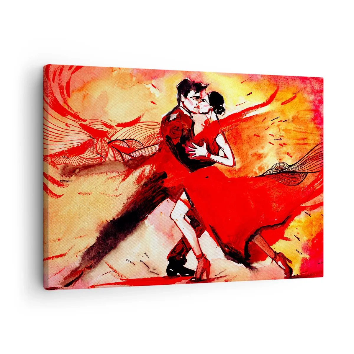 Obraz na plátne - Pár tancujúci tango v červených tónoch na dynamickom pozadí. - 70x50cm - Purpurový rytmus náruživosti - Moderná nástenná dekorácia do obývacej izby a spálne ARTTOR