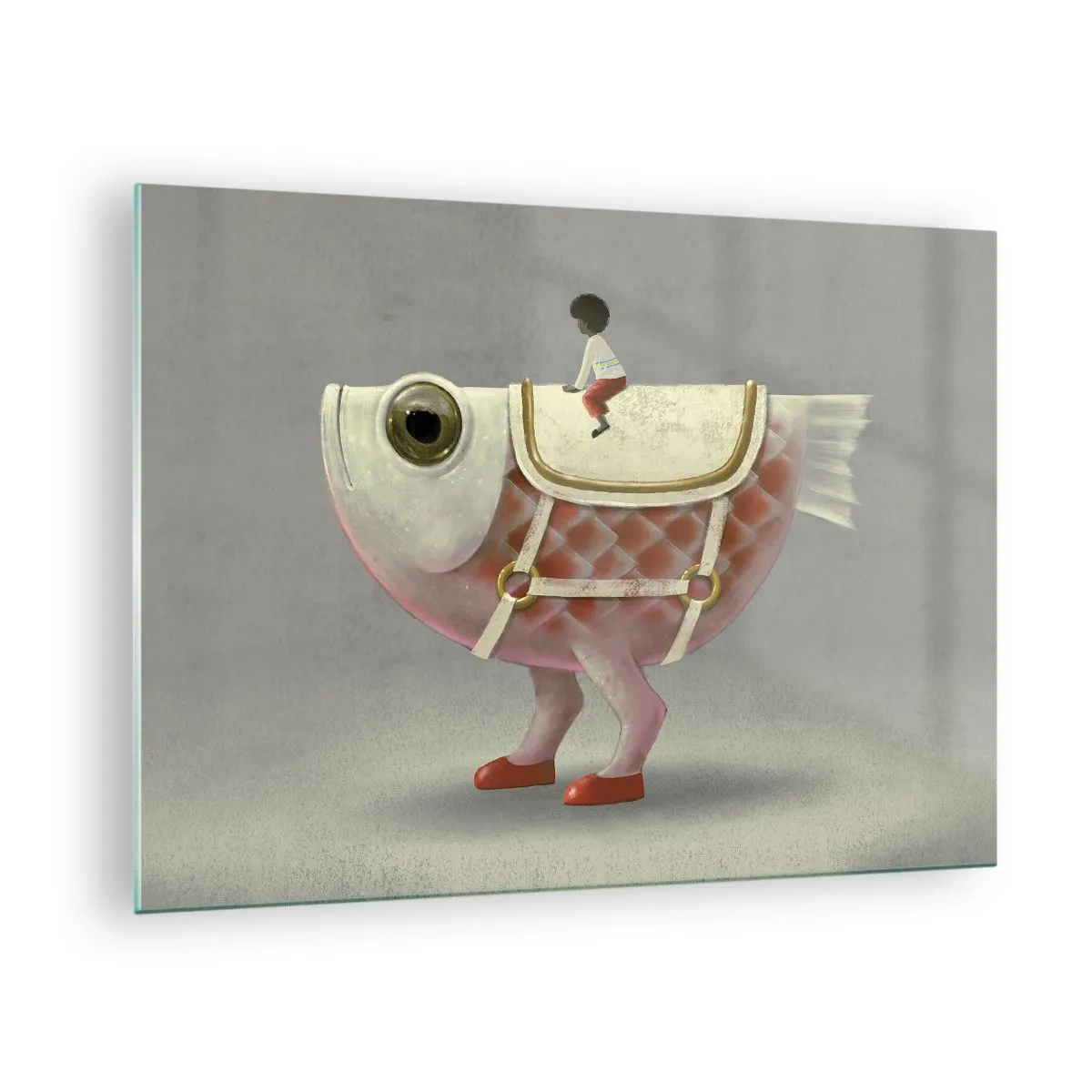 Obraz na skle - Postava jazdiaca na ružovej rybe s nohami a sedlom - 70x50cm - Rybí jazdec - Moderná nástenná dekorácia do obývacej izby a spálne ARTTOR