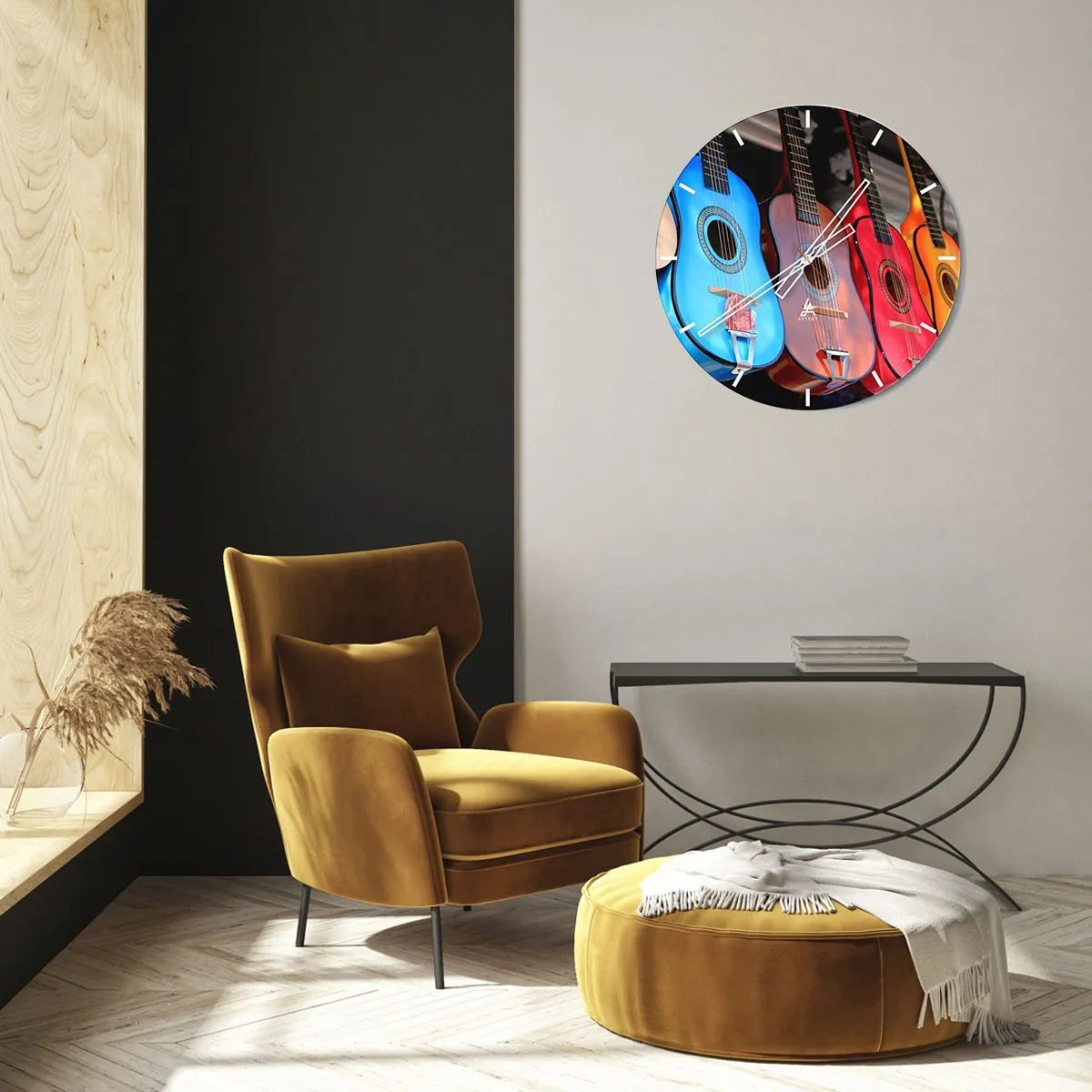 Nástenné hodiny - Farebné gitary v rôznych odtieňoch na tmavom pozadí - 30x30cm - Latinskoamerická atmosféra - Moderná nástenná dekorácia do obývacej izby, kuchyne a spálne ARTTOR