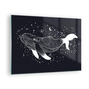 Obraz na skle - Grafická biela silueta veľryby vznášajúcej sa vo vesmíre - 70x50cm - V oceáne vesmíru - Moderná nástenná dekorácia do obývacej izby a spálne ARTTOR