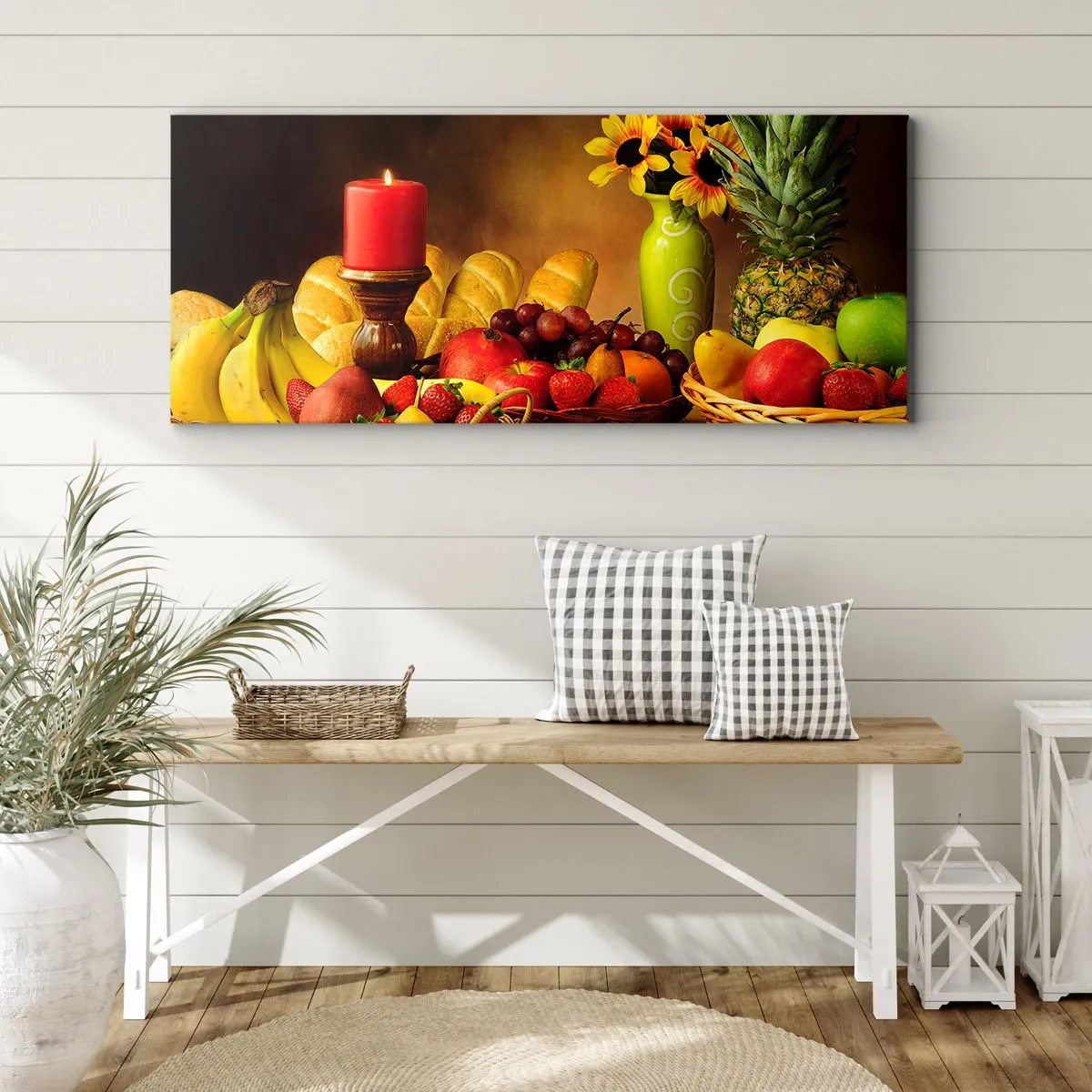 Obraz na plátne - Zátišie s pečivom a ovocím - 100x40 cm