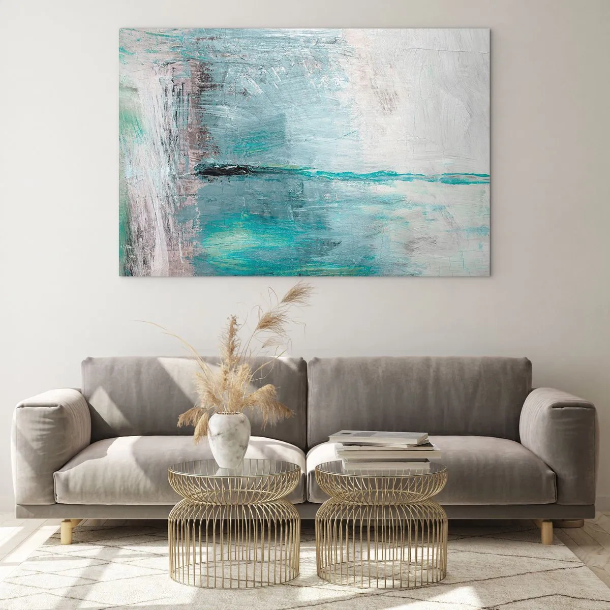 Obraz na skle - Abstraktná kompozícia v odtieňoch modrej a sivej - 70x50cm - Horizontálne v modrej - Moderná nástenná dekorácia do obývacej izby a spálne ARTTOR