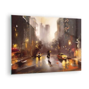 Obraz na skle - Mesto v noci v daždi s taxíkmi a siluetou páru - 70x50cm - Vo svetlách New Yorku - Moderná nástenná dekorácia do obývacej izby a spálne ARTTOR