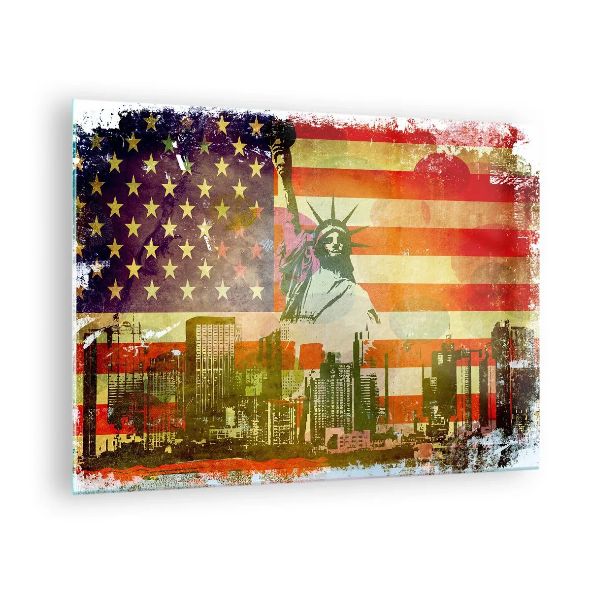 Obraz na skle - Vlajka USA so siluetou Sochy slobody a panorámou mesta - 70x50cm - Viva America! - Moderná nástenná dekorácia do obývacej izby a spálne ARTTOR