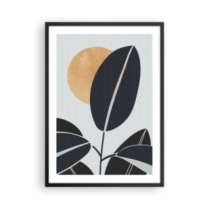 Plagát v čiernom ráme - Minimalistická kompozícia listov na pozadí slnka - 50x70cm - Deň horúceho leta - Moderná nástenná dekorácia do obývacej izby a spálne ARTTOR
