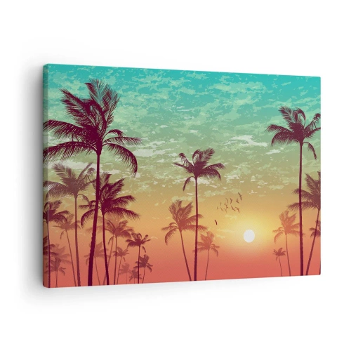 Obraz na plátne - Západ slnka s palmami na pozadí farebnej oblohy - 70x50cm - Tropická klíma - Moderná nástenná dekorácia do obývacej izby a spálne ARTTOR