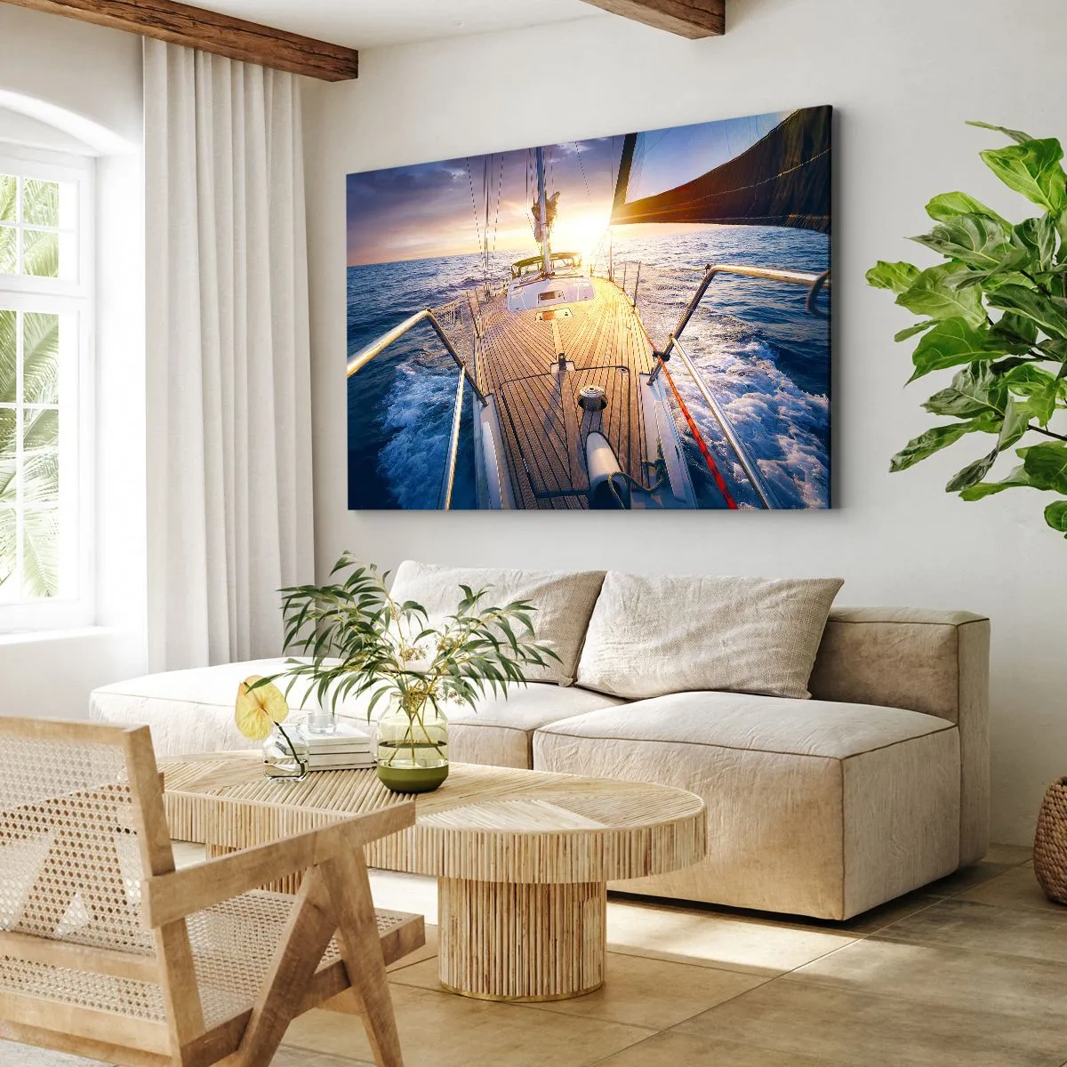Obraz na plátne - Jachta na mori pri západe slnka - 70x50cm - Bežiaca po vlnách - Moderná nástenná dekorácia do obývacej izby a spálne ARTTOR