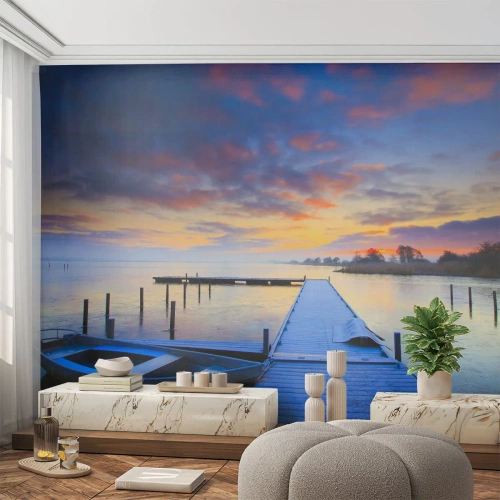 Fototapeta na mieru Premium Canvas - Fialovo-zlatý pokoj - Krajina, Jazero, čln