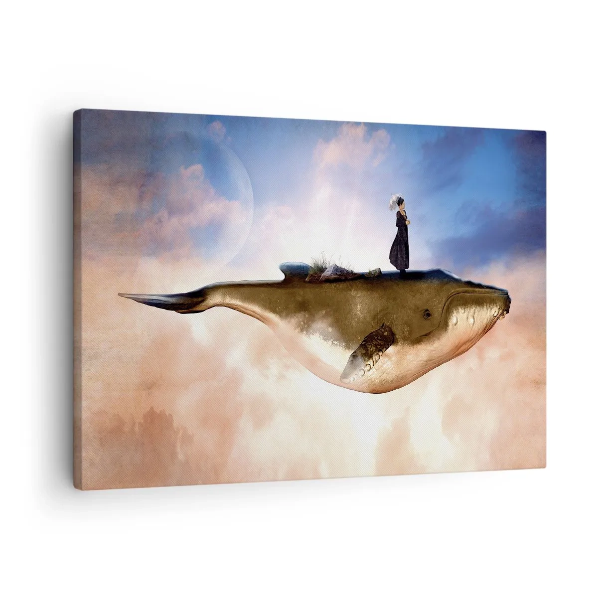 Obraz na plátne - Fantastická scéna ženy na veľrybe medzi oblakmi - 70x50cm - Surrealistická cesta - Moderná nástenná dekorácia do obývacej izby a spálne ARTTOR
