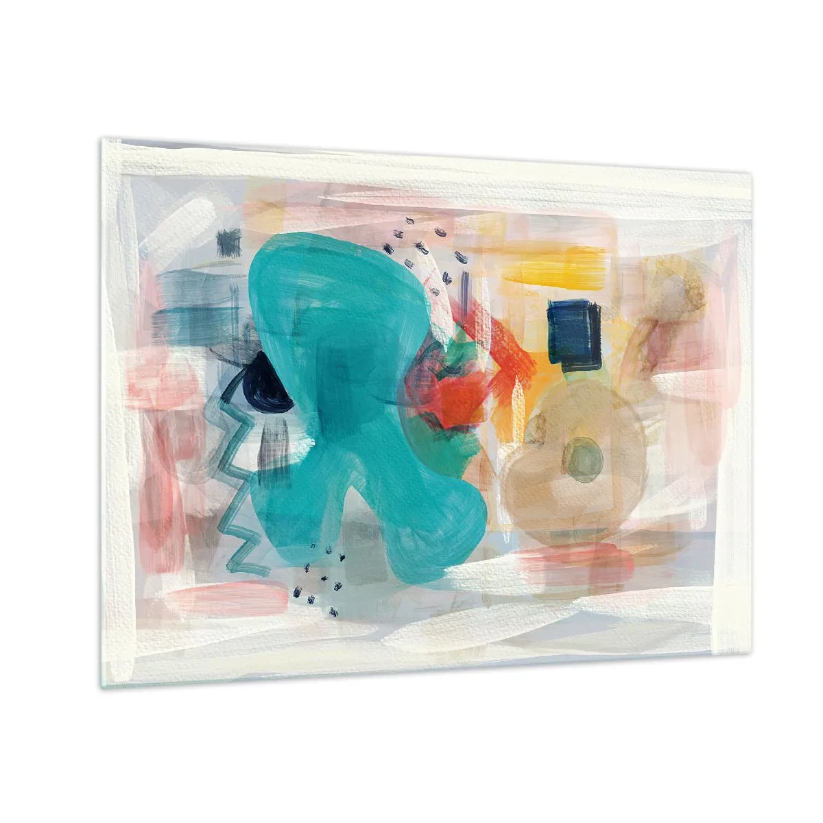 Obraz na skle - Farebná abstrakcia s tyrkysovými, červenými a béžovými prvkami. - 70x50cm - Farebná hra - Moderná nástenná dekorácia do obývacej izby a spálne ARTTOR