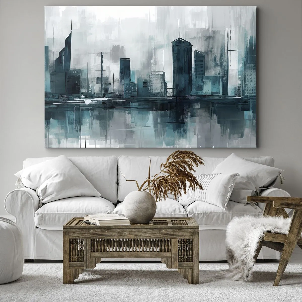 Obraz na plátne - Moderné mesto v odtieňoch tyrkysovej a sivej - 70x50cm - Mesto vo farbe dažďa - Moderná nástenná dekorácia do obývacej izby a spálne ARTTOR