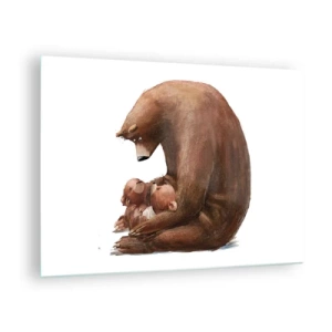 Obraz na skle - Medvedica objíma dve malé medvedíky - 70x50cm - Sladké sny, deti - Moderná nástenná dekorácia do obývacej izby a spálne ARTTOR