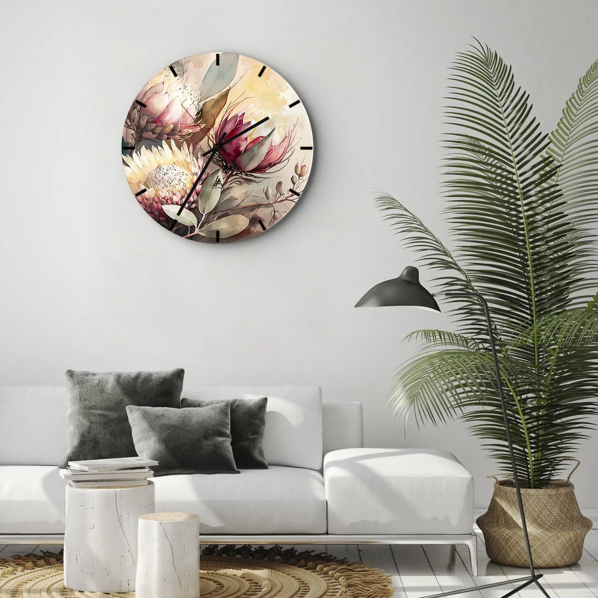 Nástenné hodiny - Umelecké kvety protey na svetlom pozadí - 30x30cm - Z profilu a en face - Moderná nástenná dekorácia do obývacej izby, kuchyne a spálne ARTTOR