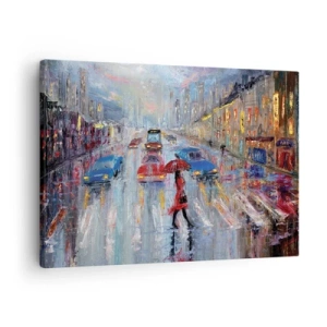 Obraz na plátne - Žena s dáždnikom na daždivej ulici v neónovom svetle. - 70x50cm - Daždivé popoludnie v meste - Moderná nástenná dekorácia do obývacej izby a spálne ARTTOR