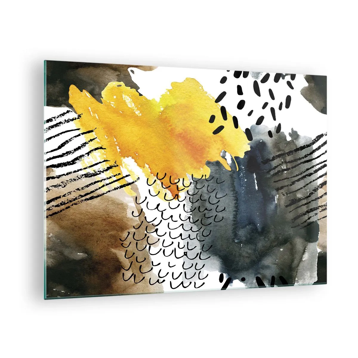 Obraz na skle - Abstraktná kompozícia s bodkami a čiarami v zemitých farbách. - 70x50cm - Stretnutie živlov - Moderná nástenná dekorácia do obývacej izby a spálne ARTTOR