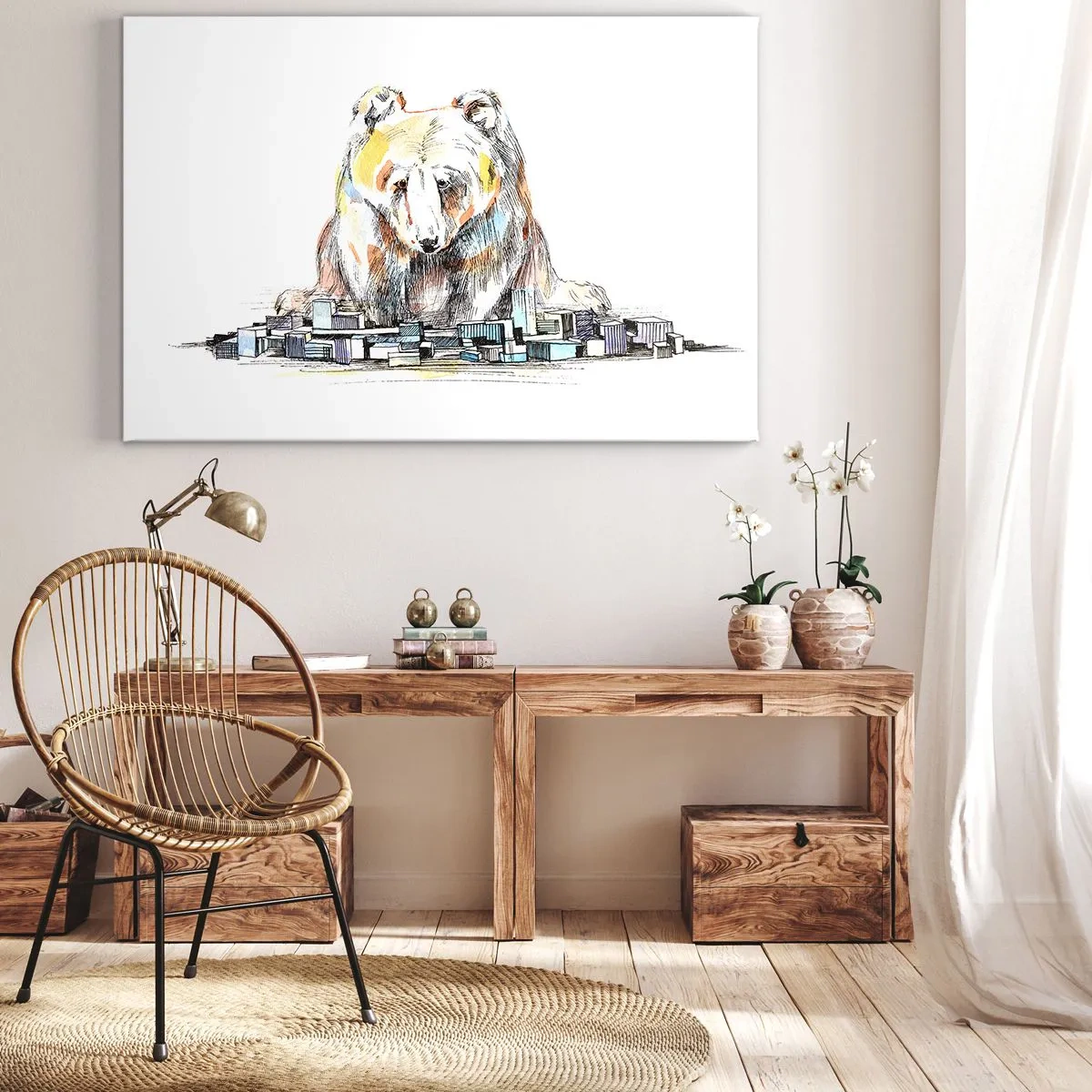 Obraz na plátne - Ilustrácia medveďa s farebnými detailmi a kockami - 70x50cm - Ako sa dá takto žiť? - Moderná nástenná dekorácia do obývacej izby a spálne ARTTOR