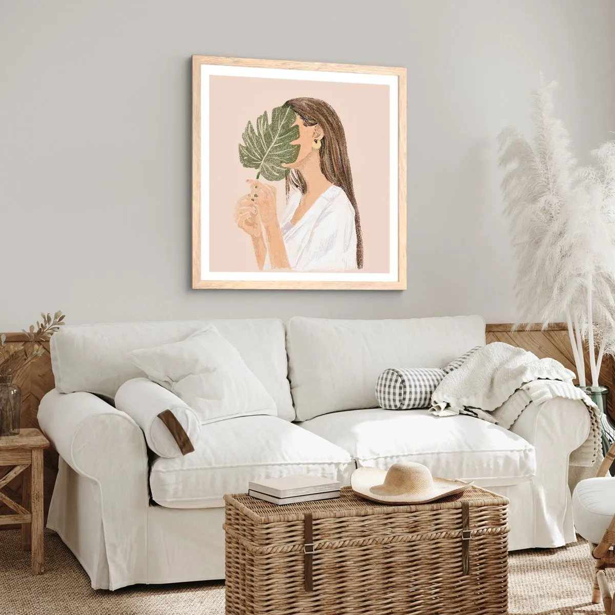 Plagát v ráme zo svetlého duba - Tajomný portrét s vejárom - 60x60 cm