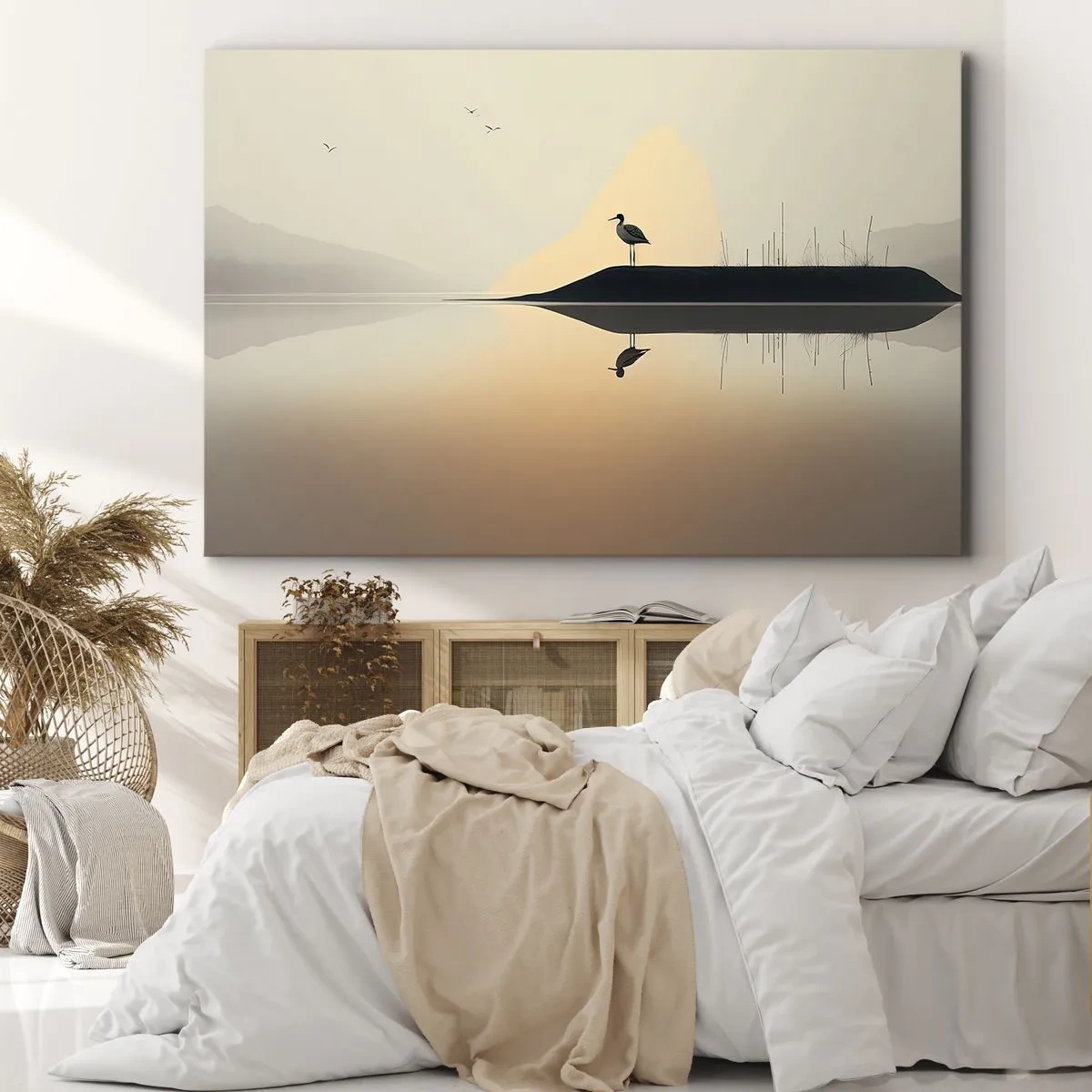 Obraz na plátne - Vták na ostrove v pokojnom jazere s teplými odtieňmi - 70x50cm - Pán na jazere - Moderná nástenná dekorácia do obývacej izby a spálne ARTTOR
