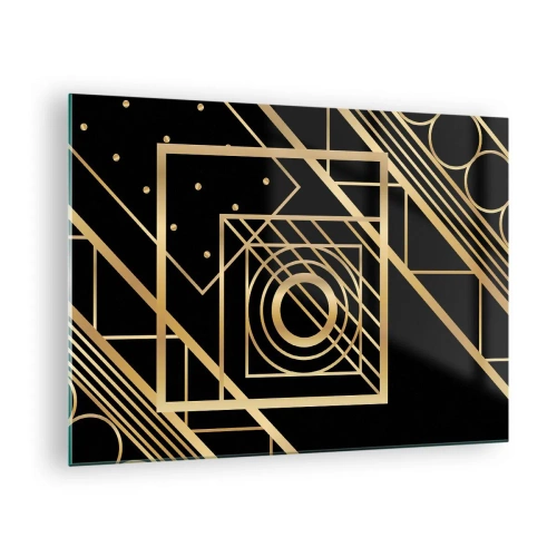 Obraz na skle - Zlaté geometrické vzory na čiernom pozadí - 70x50cm - Zlatá geometria - Moderná nástenná dekorácia do obývacej izby a spálne ARTTOR