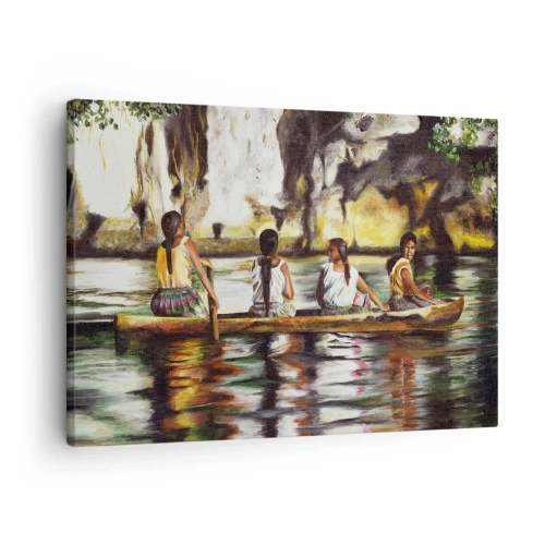Obraz na plátne - Ženy v člne na pokojnej rieke s malebným pozadím - 70x50cm - V polynézskom raji - Moderná nástenná dekorácia do obývacej izby a spálne ARTTOR