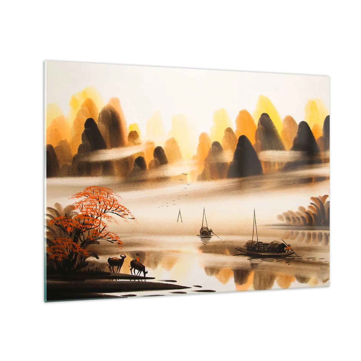 Obraz na skle - Orientálna krajina s loďkami a horami v hmle - 70x50cm - Ďalej ako na Ďalekom východe - Moderná nástenná dekorácia do obývacej izby a spálne ARTTOR
