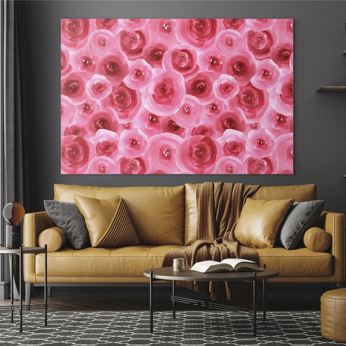 Obraz na skle - Akvarelové ružové vzory v odtieňoch červenej a ružovej - 70x50cm - Ruže dole aj hore - Moderná nástenná dekorácia do obývacej izby a spálne ARTTOR