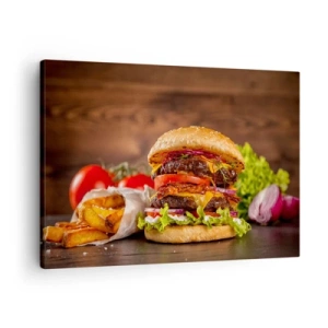Obraz na plátne - Chutný burger s prílohami - 70x50cm - Zakázané ovocie - Moderná nástenná dekorácia do obývacej izby a spálne ARTTOR