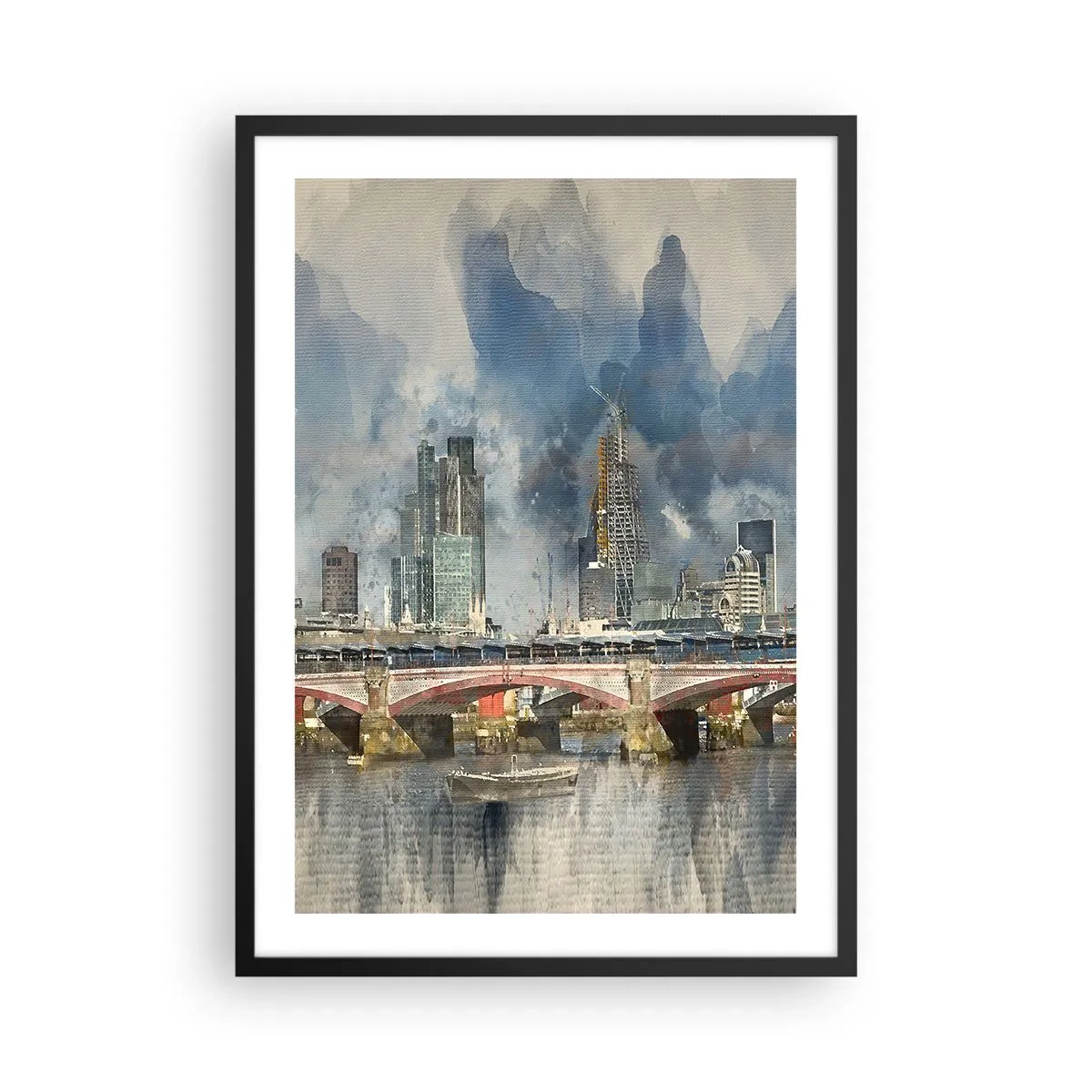 Plagát v čiernom ráme - Mestská krajina s mostom a mrakodrapmi v pozadí - 50x70cm - Londýn v celej svojej kráse - Moderná nástenná dekorácia do obývacej izby a spálne ARTTOR