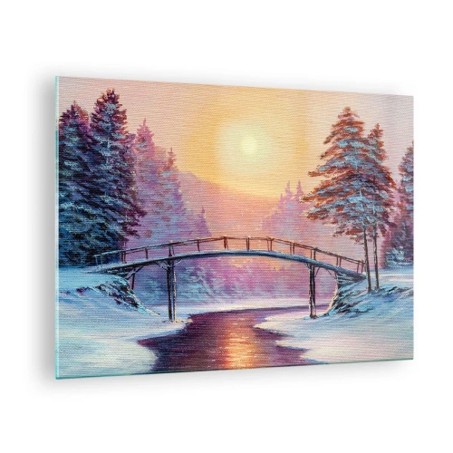 Obraz na skle - Zimná krajina s mostom cez rieku pri západe slnka - 70x50cm - Štyri ročné obdobia - zima - Moderná nástenná dekorácia do obývacej izby a spálne ARTTOR