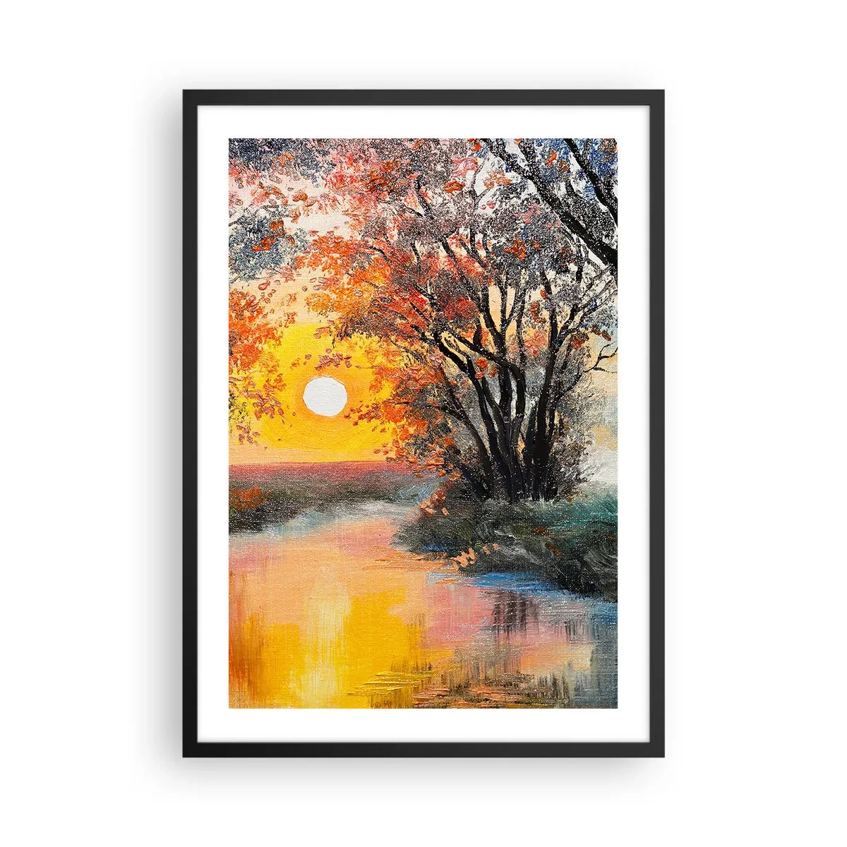 Plagát v čiernom ráme - Západ slnka nad riekou so stromami - 50x70cm - Jesenný nádych - Moderná nástenná dekorácia do obývacej izby a spálne ARTTOR