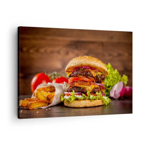 Obraz na plátne - Chutný burger s prílohami - 70x50cm - Zakázané ovocie - Moderná nástenná dekorácia do obývacej izby a spálne ARTTOR