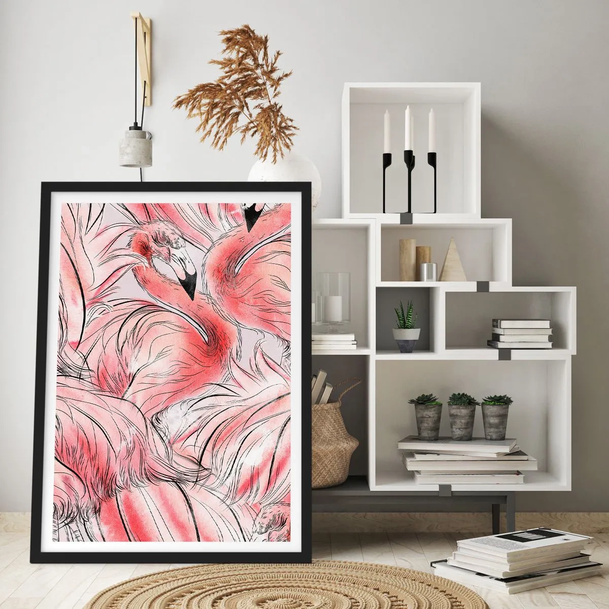 Plagát v čiernom ráme - Jemný vzor plameniakov v odtieňoch ružovej - 50x70cm - Vtáči corps de ballet - Moderná nástenná dekorácia do obývacej izby a spálne ARTTOR