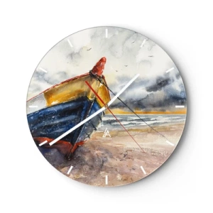 Nástenné hodiny - Farebná loď na piesočnatej pláži v maliarskom štýle - 30x30cm - Odpočinok na brehu - Moderná nástenná dekorácia do obývacej izby, kuchyne a spálne ARTTOR