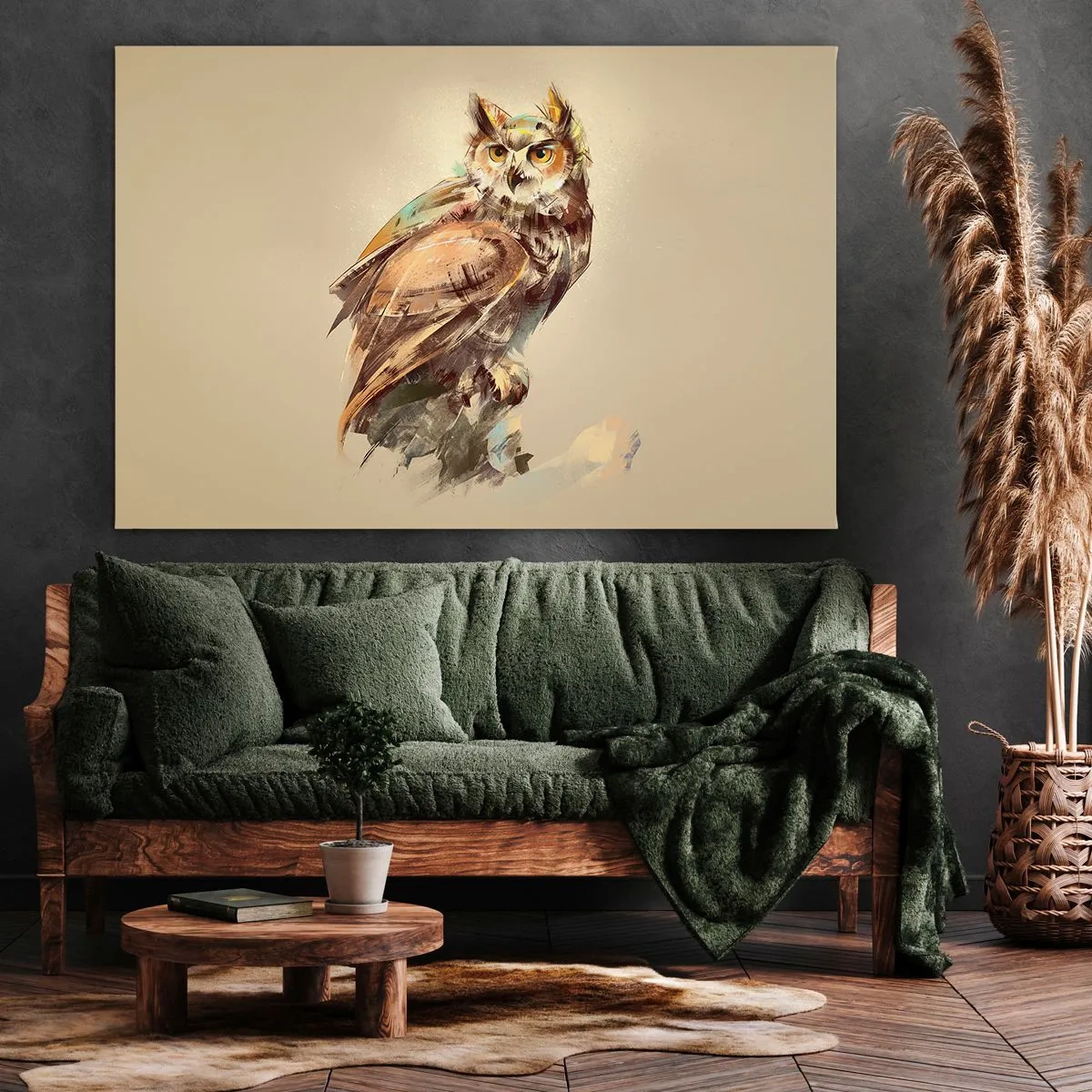 Obraz na plátne - Umelecký portrét sovy na svetlom pozadí v teplých odtieňoch. - 70x50cm - Najmúdrejšia sova - potvrdí to aj les - Moderná nástenná dekorácia do obývacej izby a spálne ARTTOR