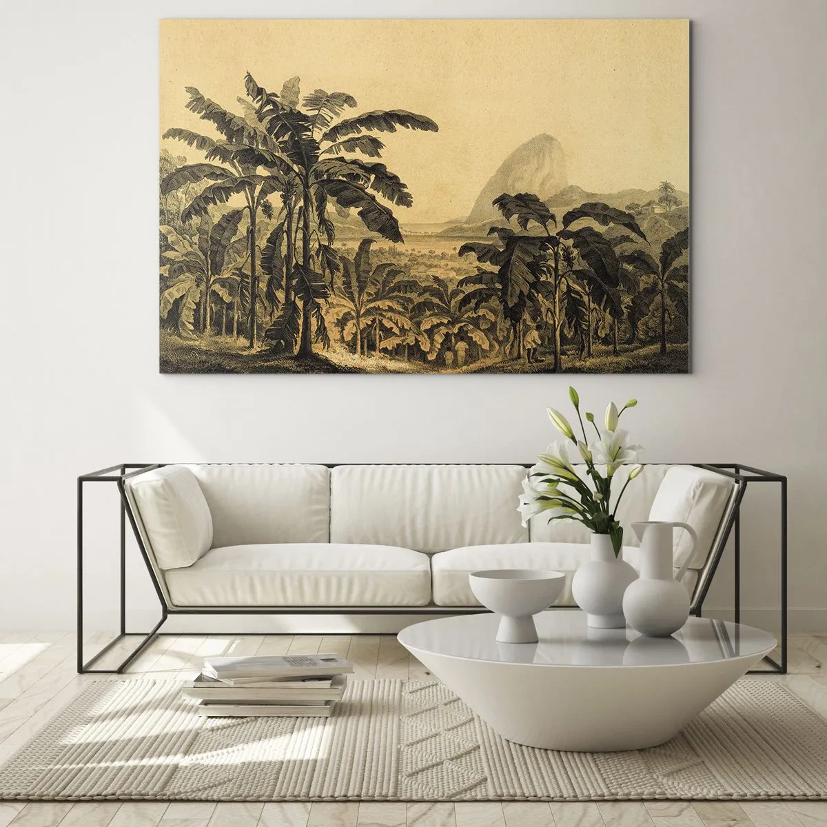 Obraz na skle - Vintage ilustrácia banánovej plantáže so vzdialenou horou v pozadí. - 70x50cm - V koloniálnom štýle - Moderná nástenná dekorácia do obývacej izby a spálne ARTTOR