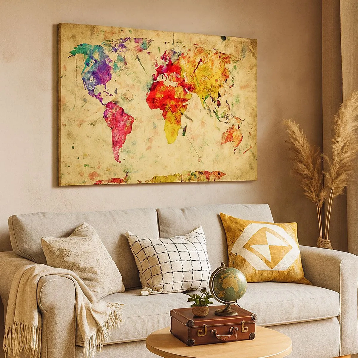 Obraz na plátne - Farebná, umelecká interpretácia mapy sveta - 70x50cm - Život je farebný ako papier mapy - Moderná nástenná dekorácia do obývacej izby a spálne ARTTOR