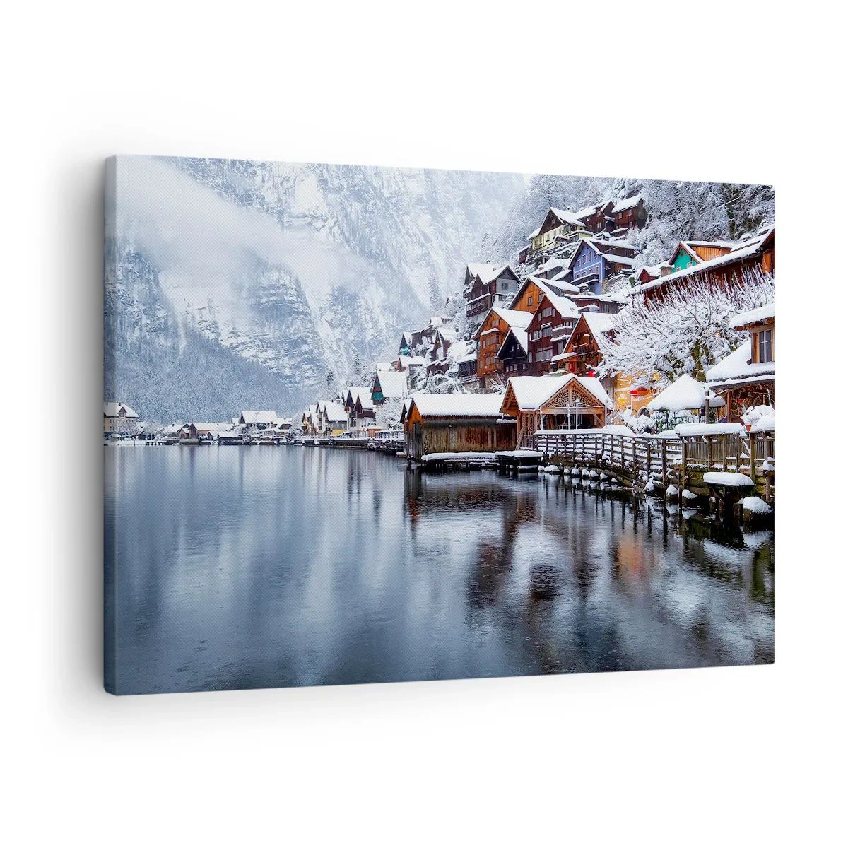 Obraz na plátne - Zimný pohľad na horskú dedinu pri jazere - 70x50cm - V zimnej dekorácii - Moderná nástenná dekorácia do obývacej izby a spálne ARTTOR