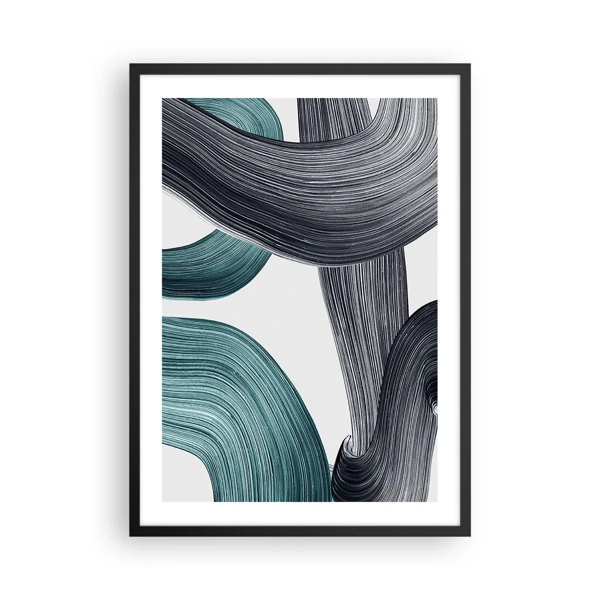 Plagát v čiernom ráme - Dynamické ťahy štetcom - 50x70cm - Smaragdové a čierne vlny - Moderná nástenná dekorácia do obývacej izby a spálne ARTTOR