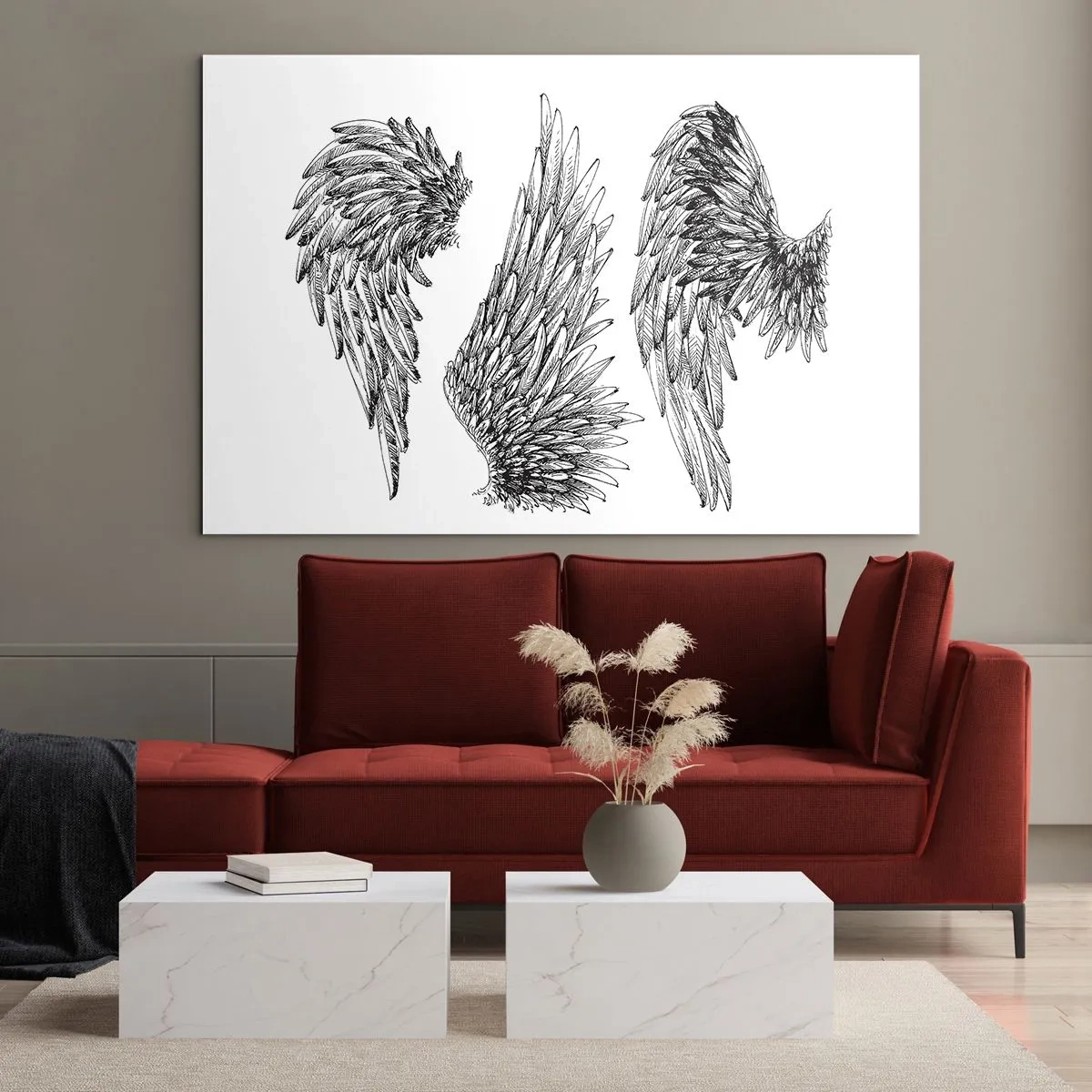 Obraz na skle - Anjelské krídla v umeleckej čiernobielej grafike - 70x50cm - Aj ty sa môžeš stať anjelom - Moderná nástenná dekorácia do obývacej izby a spálne ARTTOR