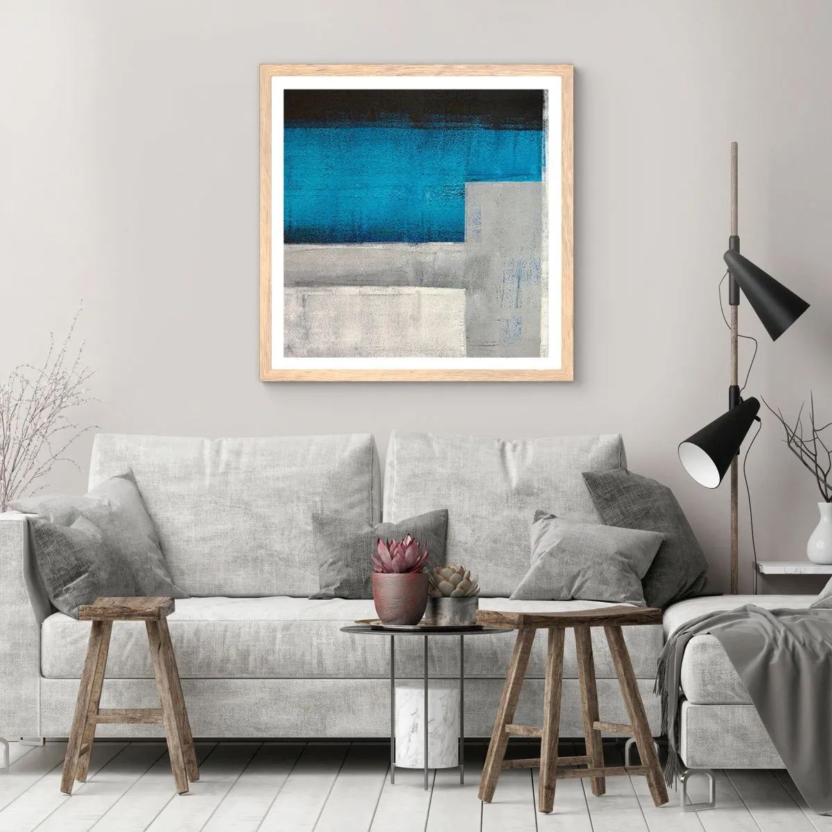 Plagát v ráme zo svetlého duba - Poetická kompozícia šedej a modrej - 60x60 cm
