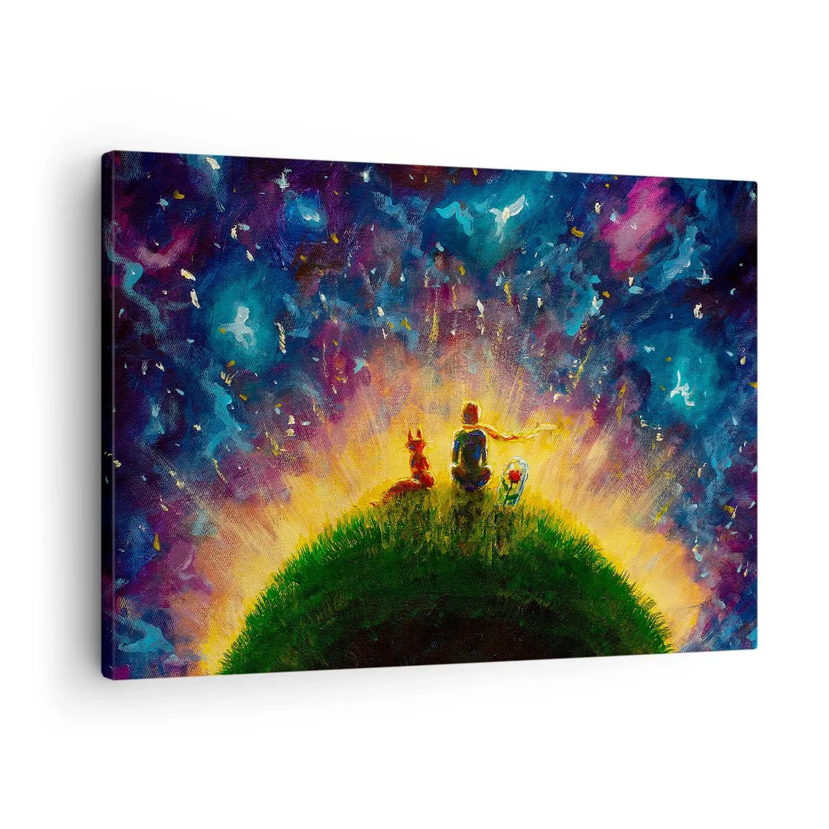 Obraz na plátne - Postavy na zelenom kopci obklopenom hviezdnou oblohou - 70x50cm - Láska a priateľstvo - celý svet - Moderná nástenná dekorácia do obývacej izby a spálne ARTTOR