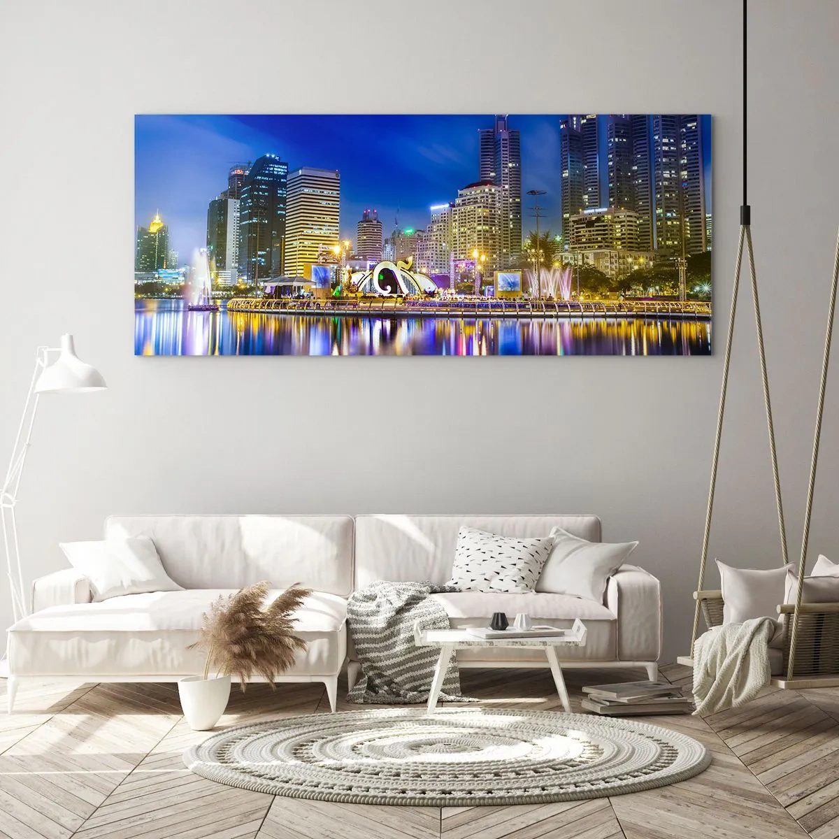 Obraz na skle - Dúhová noc metropoly - 100x40 cm