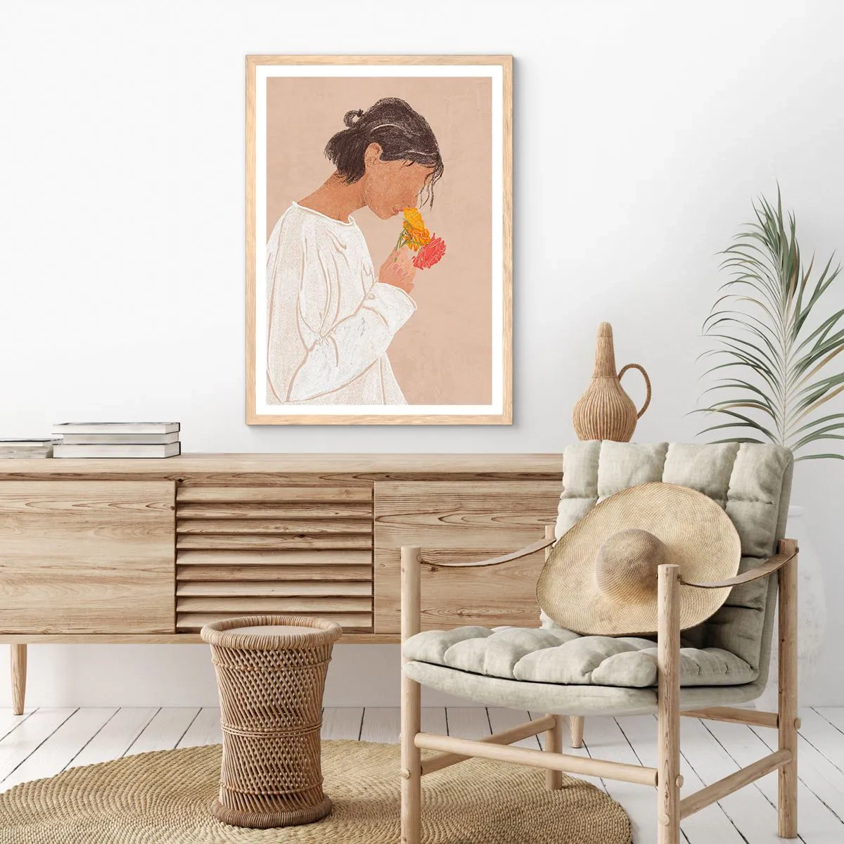 Plagát v ráme zo svetlého duba - Dievča a kvety - 50x70 cm