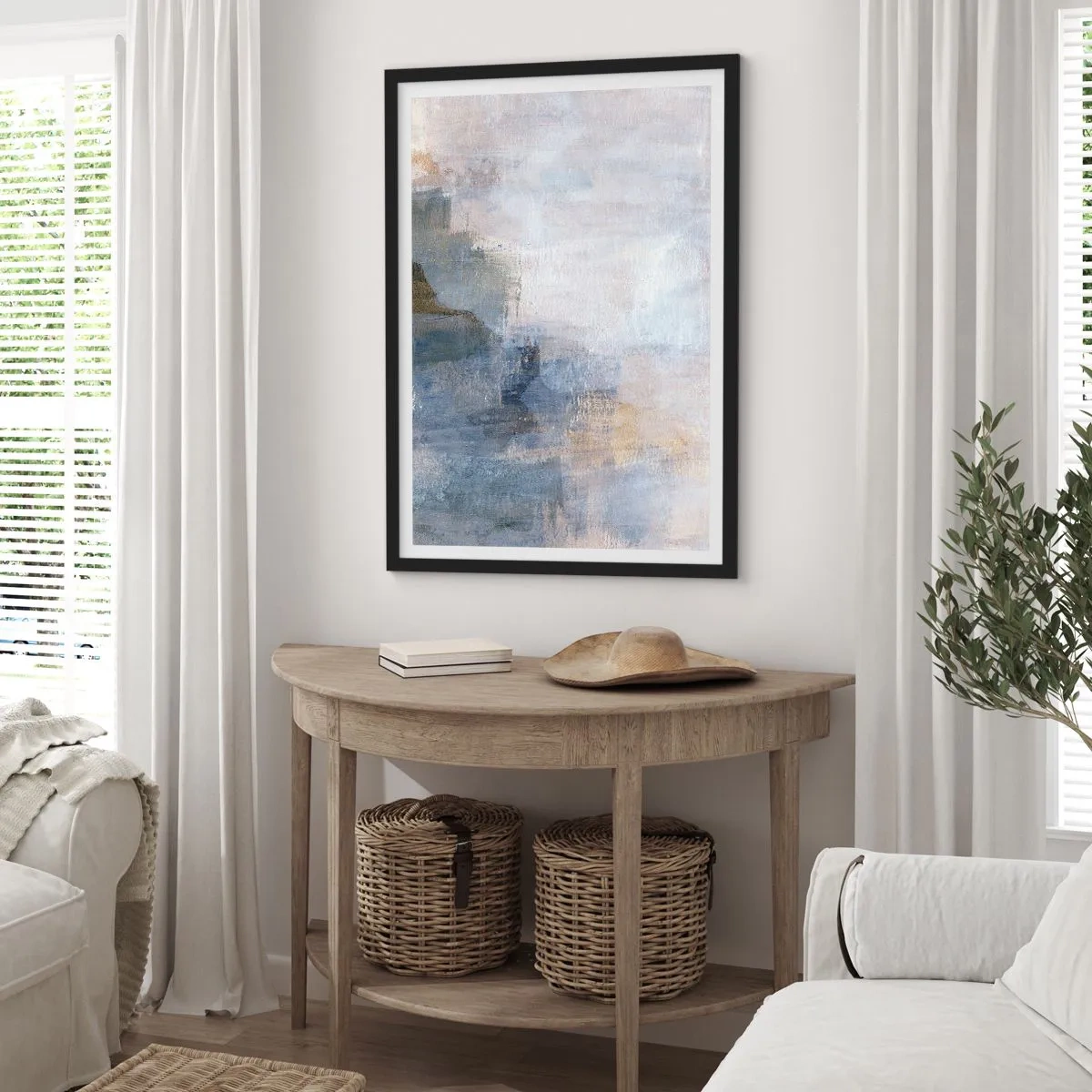 Plagát v čiernom ráme - Abstraktná kompozícia v odtieňoch modrej a béžovej - 50x70cm - Tóny a akordy farieb - Moderná nástenná dekorácia do obývacej izby a spálne ARTTOR