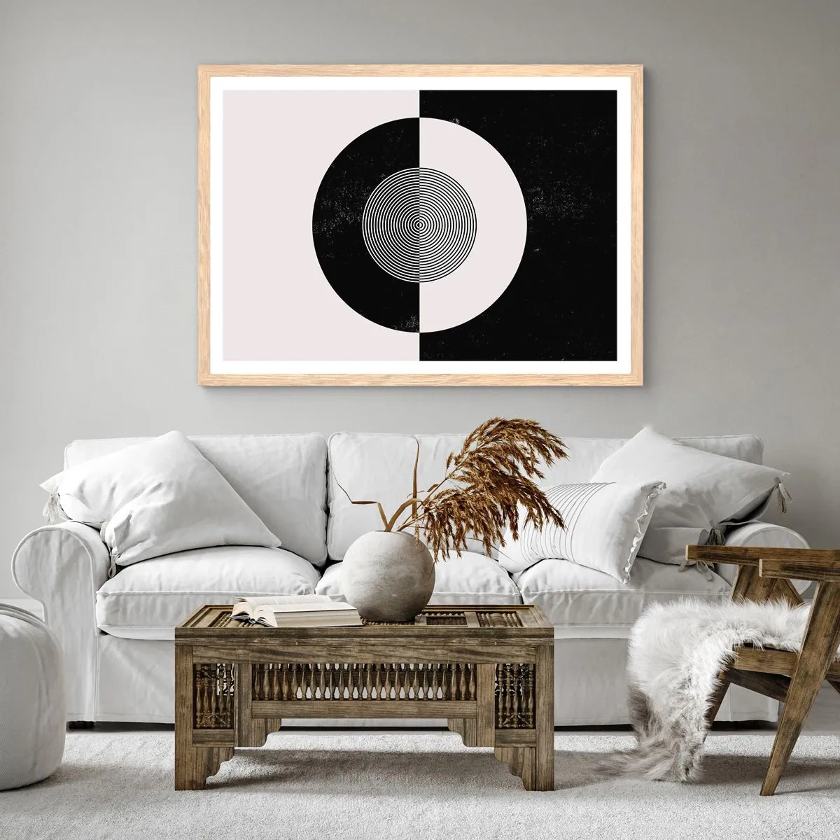 Plagát v ráme zo svetlého duba - Harmónia v čiernej a bielej - 100x70 cm