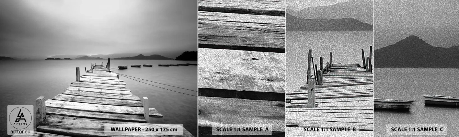 Vzorka fototapety Premium Sand - Za horami, za morom - Krajina, Drevený most, Łódź - 100x30 cm