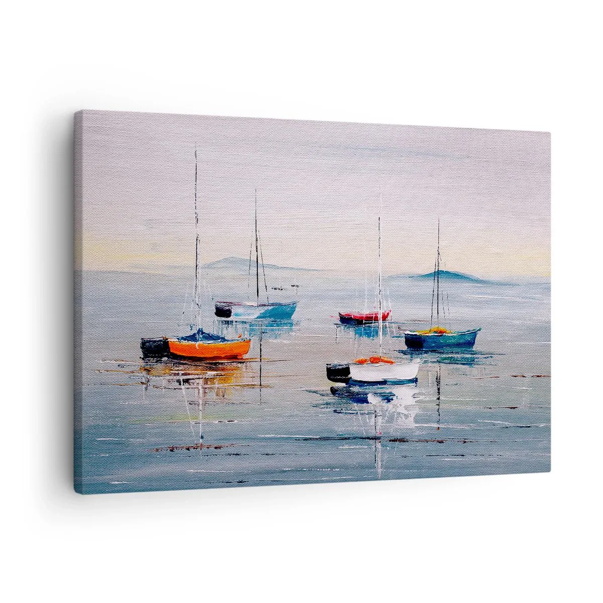 Obraz na plátne - Farebné lode na pokojnej vode - 70x50cm - Zaslúžený odpočinok - Moderná nástenná dekorácia do obývacej izby a spálne ARTTOR